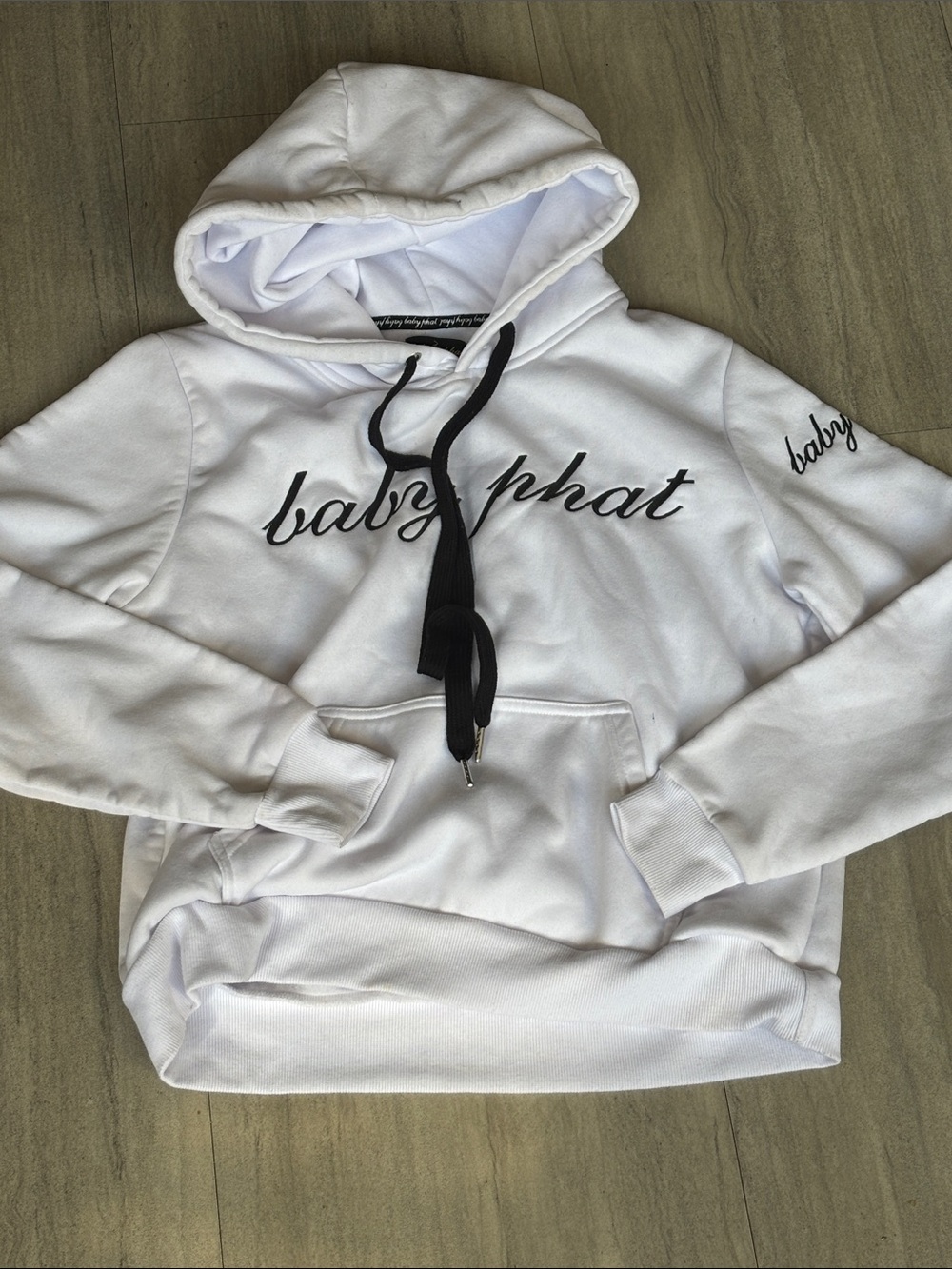Baby Phat White Hoodie with Black Script and Drawstrings